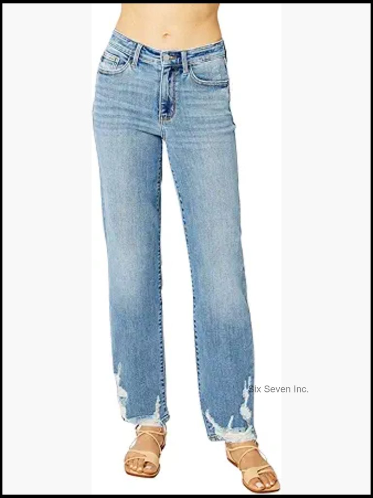 High Waisted Straight Leg Jeans Heavy Destroyed Denim